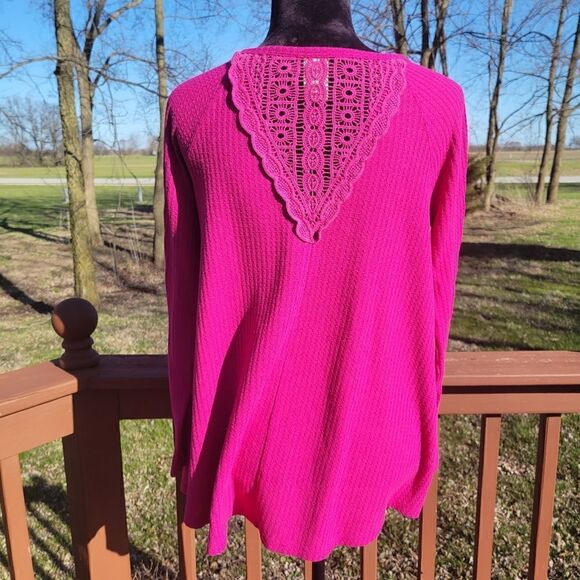 Faded Glory Pink Long Sleeve Round Neck Lace Insert Waffle Knit Tunic Top Size M - Picture 3 of 14
